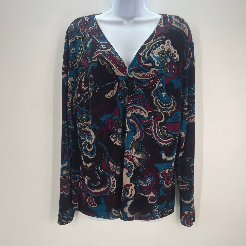 Chicos Travelers 3 US XL Paisley Floral Twist Front V-Neck Top Slinky Acetate